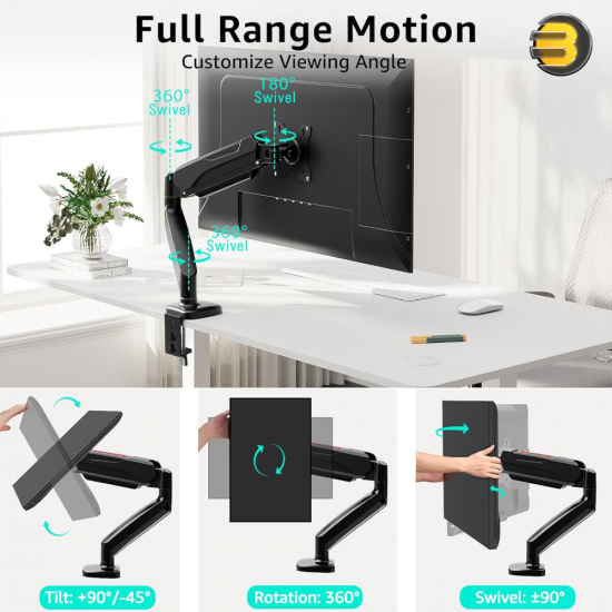 Redragon GMK914 Single Monitor Mount Stand – Gas Spring Arm for 13-32″ Screens, VESA 75/100, C-Clamp & Grommet, 8kg Load Capacity