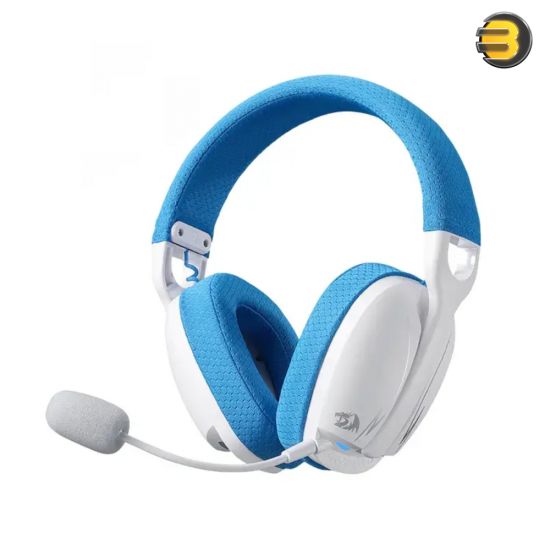 Redragon H878 wireless gaming headset in white and blue with virtual 7.1 surround sound, integrated noise-cancelling microphone, blue LED accents and dual-mode connectivity