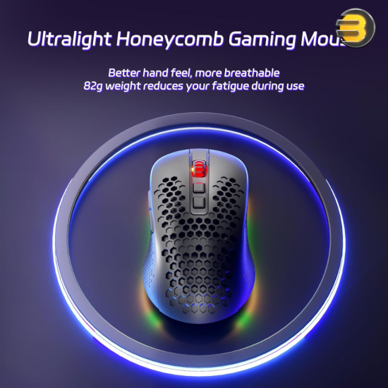 Redragon M694 Hana black tri-mode gaming mouse with honeycomb shell and RGB lighting