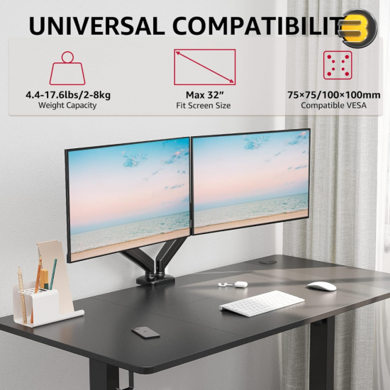 Redragon GMK915 Dual Monitor Mount Stand – Gas Spring Arms for 13–32″ Screens, VESA 75/100, C-Clamp & Grommet Base, Cable Management, 8kg per Arm Redragon GMK915 Dual Monitor Mount Stand – Gas Spring Arms for 13–32″ Screens, VESA 75/100, C-Clamp & Grommet Base, Cable Management, 8kg per Arm