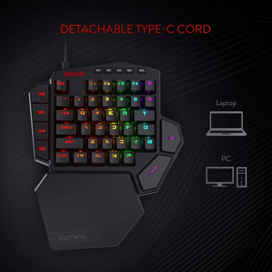 Redragon K585 DITI One-Handed RGB Mechanical Gaming Keyboard, Blue Switches, Type-C Professional Gaming Keypad with 7 Onboard Macro Keys, Detachable Wrist Rest, 42 Keys