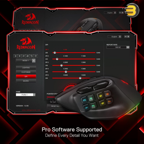 Redragon M811 Aatrox MMO Wired Gaming Mouse – 12,400 DPI Optical Sensor, 15 Programmable Buttons, RGB Lighting, Black