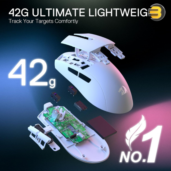 Redragon M724 white 49g ultralight wired gaming mouse with ergonomic natural grip
