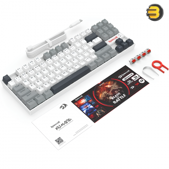 Redragon K552 WGL‑R KUMARA Tenkeyless 87‑Key Wired Mechanical Gaming Keyboard — Outemu Red Switches, Rainbow LED Backlight, Full‑Key Anti‑Ghosting, Double‑Shot Keycaps, Hot‑Swap, White/Gray, Metal‑ABS Frame