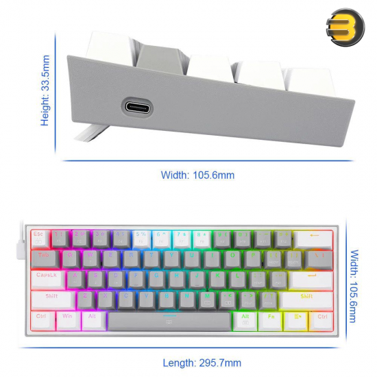 Redragon K617 Fizz RGB 60% Wired Mechanical Gaming Keyboard – 61 Keys, Red Switches, Compact Layout, Grey / White Design
