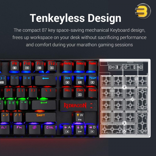 Redragon K552E Kumara Elite Rainbow TKL Mechanical Gaming Keyboard Arabic Redragon K552E Kumara Elite Rainbow mechanical gaming keyboard with blue switches, TKL 87-key Arabic layout, rainbow RGB backlighting and aluminum top plate