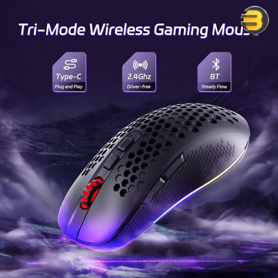 Redragon M694 Hana black tri-mode gaming mouse with honeycomb shell and RGB lighting