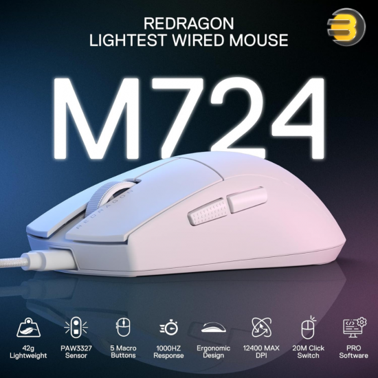 Redragon M724 white 49g ultralight wired gaming mouse with ergonomic natural grip