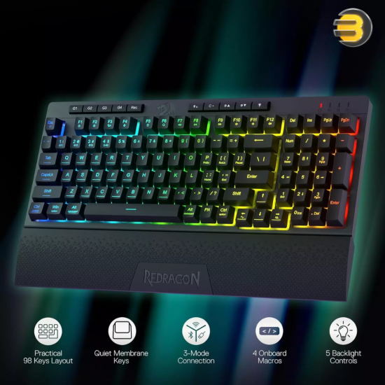 Redragon K515 PRO Shiva RGB Wireless Bluetooth Membrane Gaming Keyboard – Tri-Mode (Wired/2.4 GHz/Bluetooth), 98 Keys, On-Board Macro & Multimedia Keys, Detachable Wrist Rest, Software Supported