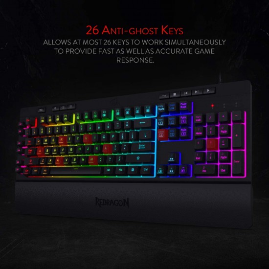 Redragon K512 Shiva RGB Backlit Membrane Gaming Keyboard with Multimedia Keys, Quiet Mechanical Feeling Keyboard, 6 Extra On-Board Macro Keys, Dedicated Media Control, Detachable Wrist Rest