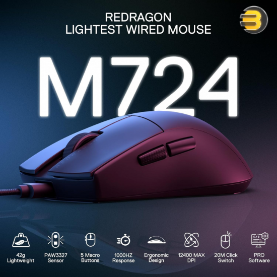 Redragon M724 black 49g ultralight wired gaming mouse with ergonomic natural grip