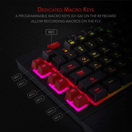 Redragon K512 Shiva RGB Backlit Membrane Gaming Keyboard with Multimedia Keys, Quiet Mechanical Feeling Keyboard, 6 Extra On-Board Macro Keys, Dedicated Media Control, Detachable Wrist Rest