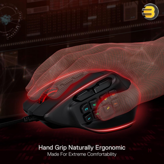 Redragon M811 Aatrox MMO Wired Gaming Mouse – 12,400 DPI Optical Sensor, 15 Programmable Buttons, RGB Lighting, Black