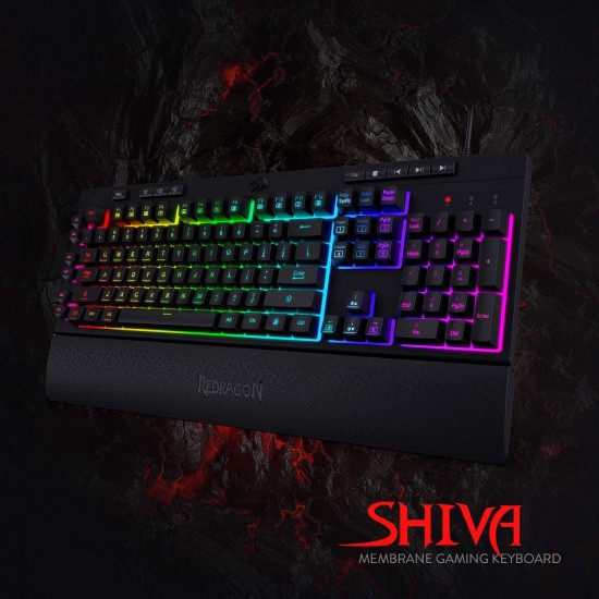 Redragon K512 Shiva RGB Backlit Membrane Gaming Keyboard with Multimedia Keys, Quiet Mechanical Feeling Keyboard, 6 Extra On-Board Macro Keys, Dedicated Media Control, Detachable Wrist Rest
