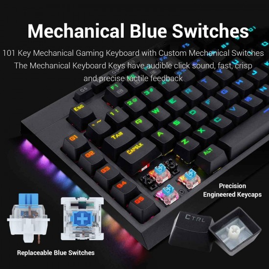 Redragon K588 RGB Backlit Mechanical Gaming Keyboard with Programmable Keys Macro Recording Blue Switches Compact Tenkeyless Design with Detachable Palm Rest & USB-C USB for Windows PC