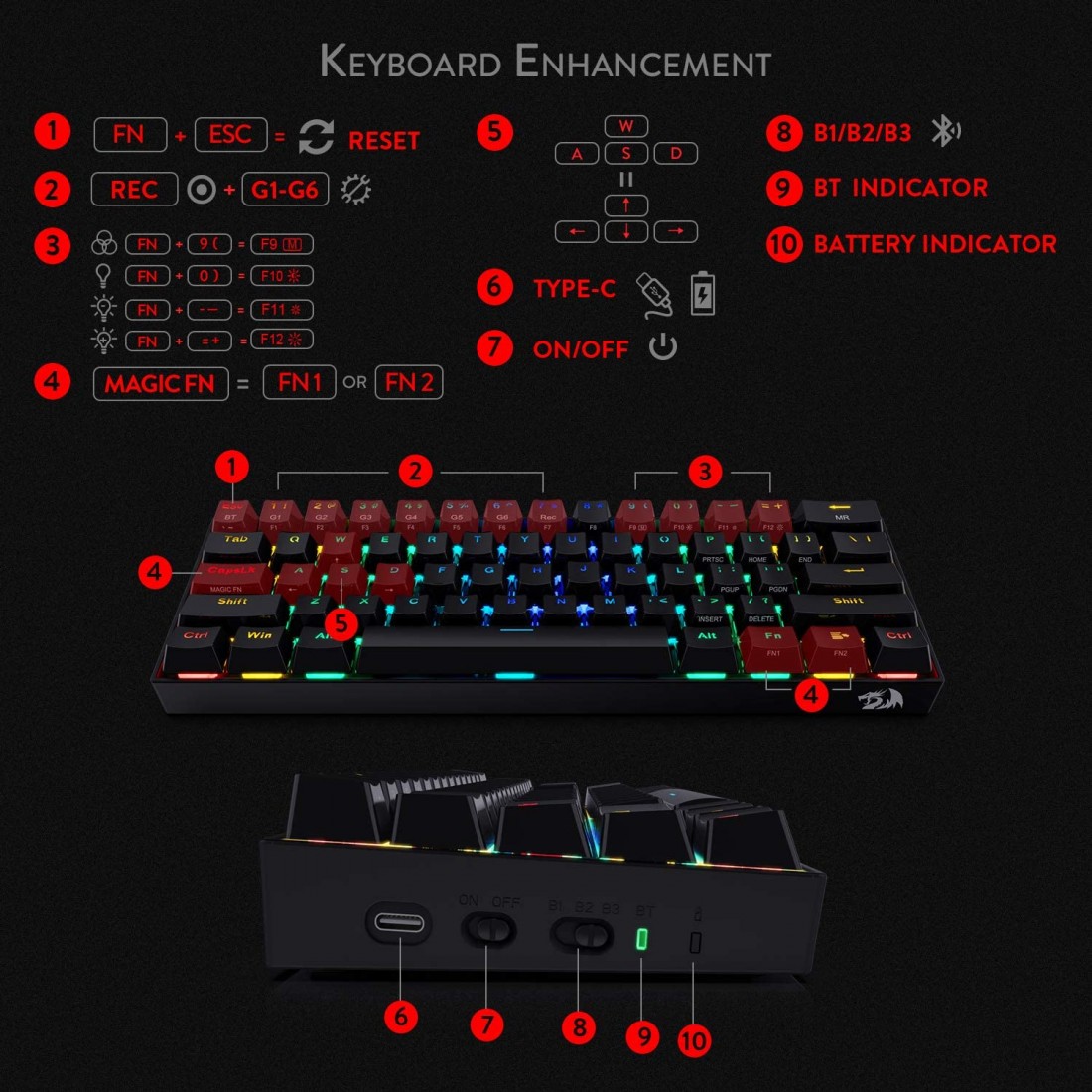 Redragon K530 Draconic 60 Compact RGB Wireless Mechanical Keyboard, 61