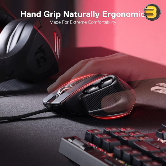 Redragon M806 Bullseye wired RGB gaming mouse with ergonomic natural grip and 7 programmable buttons
