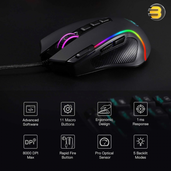 Redragon M612 Predator RGB Gaming Mouse, 8000 DPI Wired Optical Gamer Mouse with 11 Programmable Buttons & 5 Backlit Modes, Software Supports DIY Keybinds Rapid Fire Button