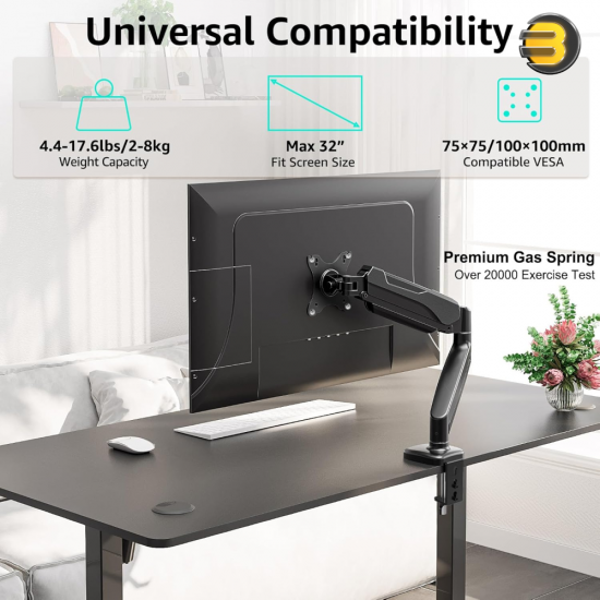 Redragon GMK914 Single Monitor Mount Stand – Gas Spring Arm for 13-32″ Screens, VESA 75/100, C-Clamp & Grommet, 8kg Load Capacity