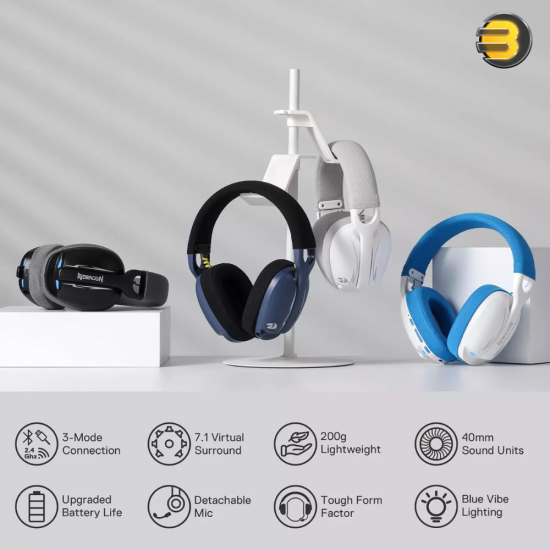 Redragon H878 SKULD PRO wireless gaming headset in black and gray with 40mm dynamic drivers, 7.1 virtual surround sound, detachable ANC microphone and blue LED accents