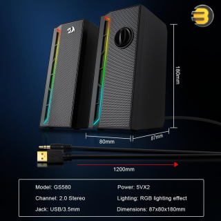 REDRAGON GS580 CALLIOPE RGB Gaming Desktop Speakers - 5W x 2.0 Channel - 3.5mm AUX stereo sound - With Calssic Volume Control Knob For Computer PC - Black REDRAGON GS580 CALLIOPE RGB Gaming Desktop Speakers - 5W x 2.0 Channel - 3.5mm AUX stereo sound - With Calssic Volume Control Knob For Computer PC - Black