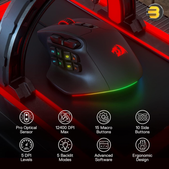 Redragon M811 Aatrox MMO Wired Gaming Mouse – 12,400 DPI Optical Sensor, 15 Programmable Buttons, RGB Lighting, Black