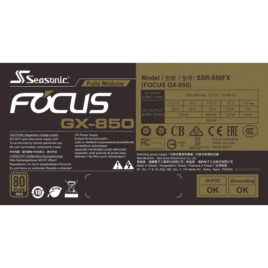 Seasonic FOCUS GX-850, 850W 80+ Gold, Full-Modular, Fan Control in Fanless, Silent, and Cooling Mode, Perfect Power Supply for Gaming and Various Application, SSR-850FX.