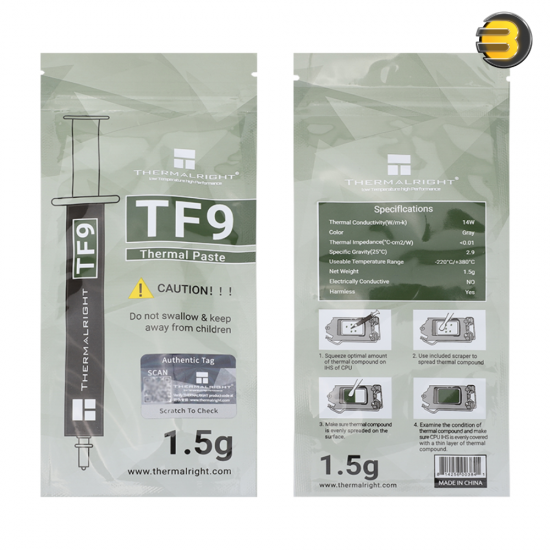 Thermalright TF9 1.5g Thermal Paste — High-Performance Gray Compound, 14 W/mK Thermal Conductivity, Thermal Impedance <0.01 ℃-cm²/W, Non-Conductive, Usable Temperature Range -220°C to 380°C, Includes Applicator, Safe for CPUs & GPUs