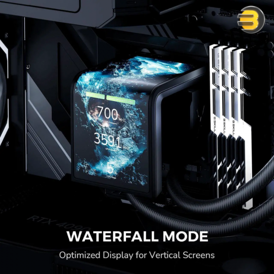 TRYX Panorama SE 360 ARGB AIO liquid cooler with curved AMOLED screen and RGB fans installed in PC