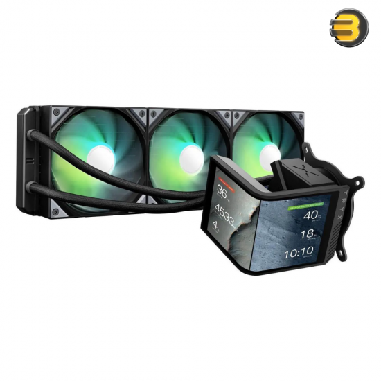 TRYX Panorama SE 360 ARGB AIO liquid cooler with curved AMOLED screen and RGB fans installed in PC