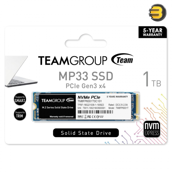 TEAMGROUP MP33 1TB SLC Cache 3D NAND TLC NVMe 1.3 PCIe Gen3x4 M.2 2280 Internal SSD Read/Write Speed up to 1800/1500 MB/s Compatible with Laptop & PC Desktop