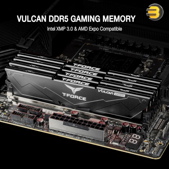 TEAMGROUP T-Force VULCAN DDR5 32GB 2x16GB 6000MHz CL30 desktop memory kit with black forged aluminum heatsink and SK hynix A-die