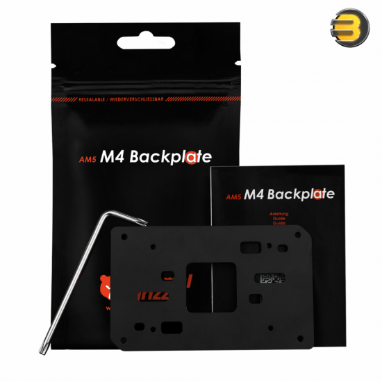 Thermal Grizzly AMD AM5 M4 Backplate — Black Anodized Aluminum with Polycarbonate Insulation, Optional Mounting Plate for AMD AM5 Socket, Supports M4 Threaded Screws, Compatible with AiO and Air Coolers, Dimensions 104x65x3mm, Easy Installation