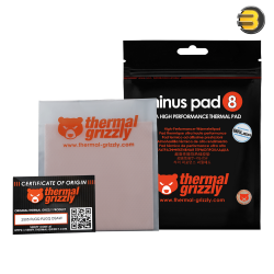 Thermal Grizzly Minus Pad 8, 100×100×1.5 mm, High‑Performance Thermal Pad — pink, electrically insulating (8 kV/mm ASTM D149), Shore 00‑60, V‑0 flammability, operating −100°C to +250°C; high thermal conductivity, high compressibility, RoHS compliant.