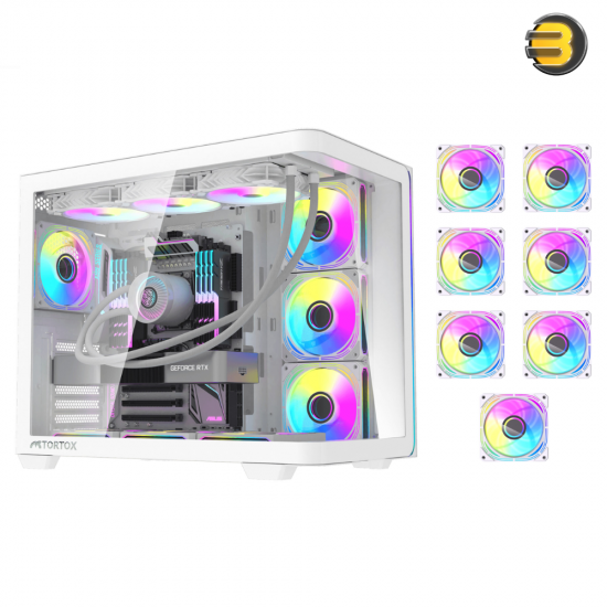 Tortox Curvo V2 White Mid-Tower ATX Gaming Case – 7x Pre-installed 120mm ARGB PWM Fans, USB Type-C, 360mm Radiator Support, Tempered Glass, Remote RGB Control