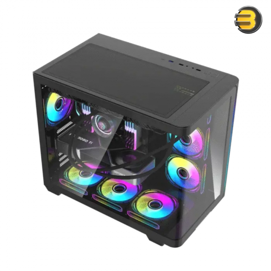 Tortox Curvo V2 Black Mid-Tower ATX Gaming Case – 7x Pre-installed 120mm ARGB PWM Fans, USB Type-C, 360mm Radiator Support, Tempered Glass, Remote RGB Control
