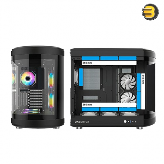 Tortox Vidrio Mid-Tower ATX Gaming Case Black – Curved Tempered Glass, 6x Pre-installed ARGB PWM Fans, USB Type-C, 360mm Radiator Support