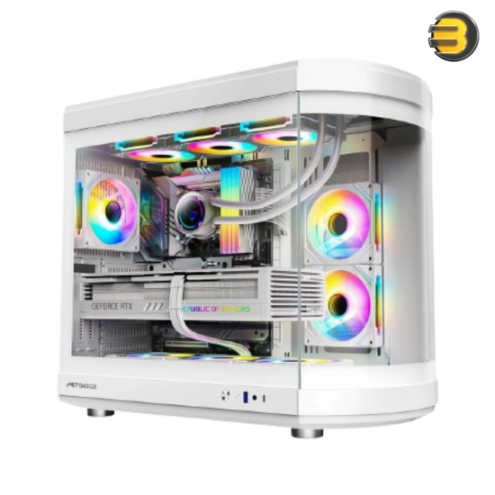 Tortox Vidrio Mid-Tower ATX Gaming Case White – Curved Tempered Glass, 6x Pre-installed ARGB PWM Fans, USB Type-C, 360mm Radiator Support