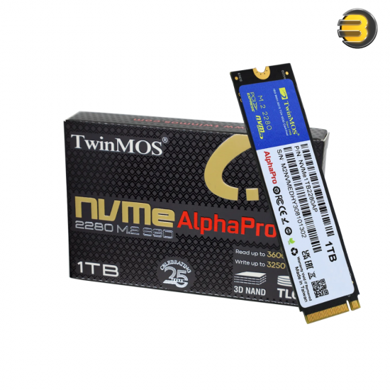 TwinMOS AlphaPro 1TB NVMe M.2 2280 PCIe Gen3 x4 SSD — Up to 3500MB/s Read & 3080MB/s Write, 3D TLC NAND, Low Power, High Endurance, 1500G Shock Resistance, MTBF 1.5 Million Hours