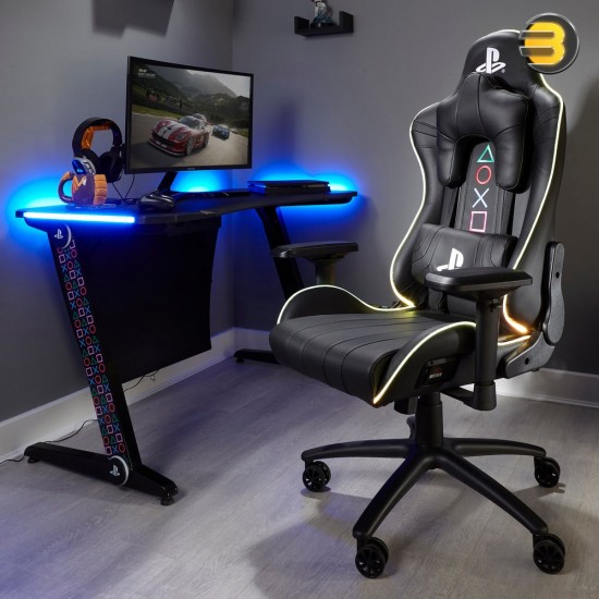 X Rocker Amarok PC Gaming Chair with Multicolour LED Lights, Ergonomic Recliner High Back Office Chair and Cushions, PU Leather, Officially Licensed PlayStation - Black