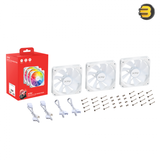 XPG VENTO R ARGB REVERSE Case Fan 120mm —  3x pack, 45.3 CFM, 23 dBA - White