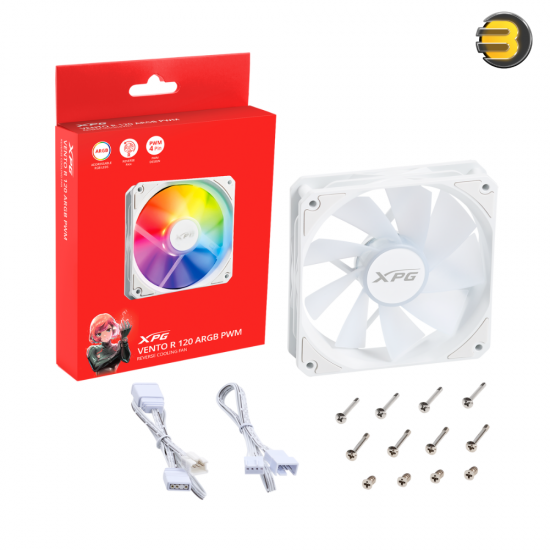 XPG VENTO R ARGB REVERSE Case Fan 120mm —  1x pack, 45.3 CFM, 23 dBA - White