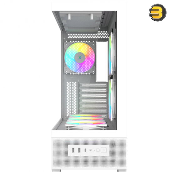 Xander Gaming Jupiter II White E-ATX PC case bundle with front and side tempered glass, 6 pre-installed ARGB fans, ARGB hub, and included 850W PSU