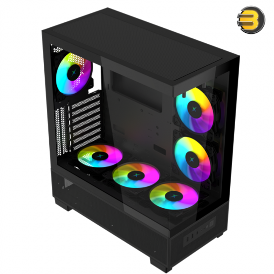 Xander Gaming Jupiter II Black E-ATX PC case bundle with front and side tempered glass, 6 pre-installed ARGB fans, ARGB hub, and included 850W PSU