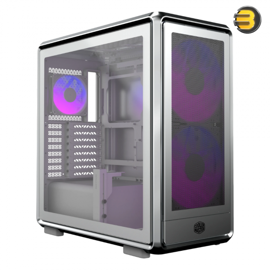 Cooler Master MasterFrame 600 Mesh Mid-Tower PC Case Silver Cooler Master MasterFrame 600 Mesh mid-tower PC case in Silver with FreeForm 2.0 exo-structure, tempered glass/aluminum interchangeable panels, 200mm ARGB fans and USB Type-C I/O