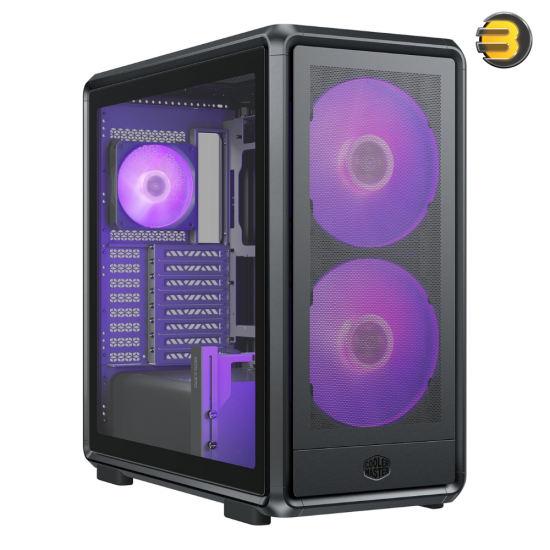 Cooler Master MasterFrame 600 Mesh Mid-Tower PC Case Black Cooler Master MasterFrame 600 Mesh mid-tower PC case in black with FreeForm 2.0 exo-structure, tempered glass/aluminum interchangeable panels, 200mm ARGB fans and USB Type-C I/O