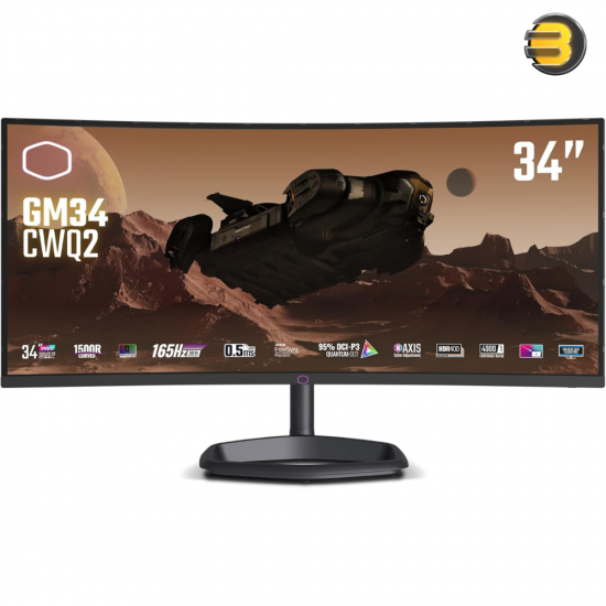 Cooler Master GM34‑CWQ2 34" UWQHD 3440×1440 180Hz Curved VA Quantum Dot Gaming Monitor — 1500R, HDR400, FreeSync Premium/G‑SYNC Compatible, USB‑C 65W, DP 1.4 + 2× HDMI 2.0, KVM, speakers, VESA 100×100 Cooler Master GM34‑CWQ2 34" UWQHD 3440×1440 180Hz Curved VA Quantum Dot Gaming Monitor — 1500R, HDR400, FreeSync Premium/G‑SYNC Compatible, USB‑C 65W, DP 1.4 + 2× HDMI 2.0, KVM, speakers, VESA 100×100