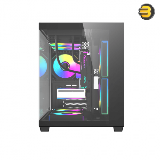 DarkFlash B275 M-ATX PC case with pillar-less dual glass panels and included 3x L17 fans