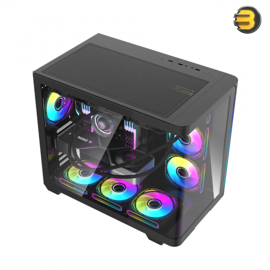 DarkFlash L285 black ATX PC case with curved glass panels and 7x DM20 ARGB fans pre-installed