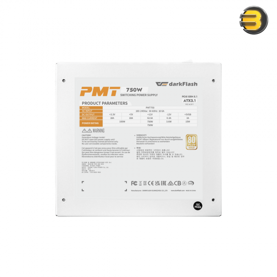 DarkFlash PMT750W White 750W 80 PLUS Gold Full Modular ATX 3.0 Power Supply – Native PCIe 5.0 12VHPWR, Japanese Capacitors, 135mm FDB Fan